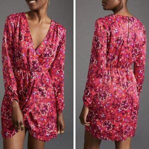 Anthropologie Maeve Wrap Mini Pink Floral V-neck Dress Womens Sz M